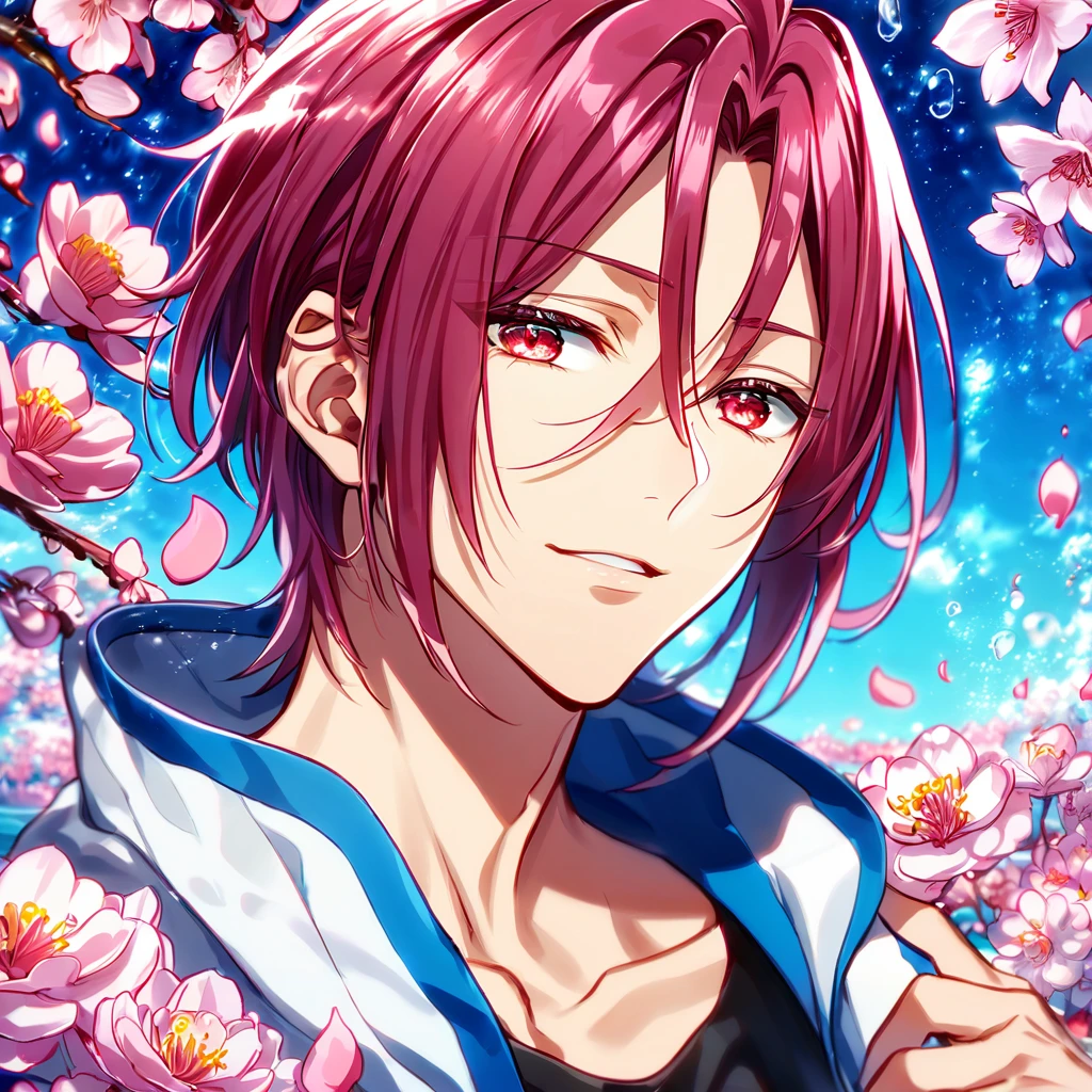 absurdres, highres, ultra detailed, HDR, master piece, Matsuoka Rin, maroon hair, expressive red eyes, white jacket, Free!, sexy man, handsome, best quality, blossoms, pink petals, pink flowers, fantasy, magical, blue shining fireflies, solo, water, black tight shirt