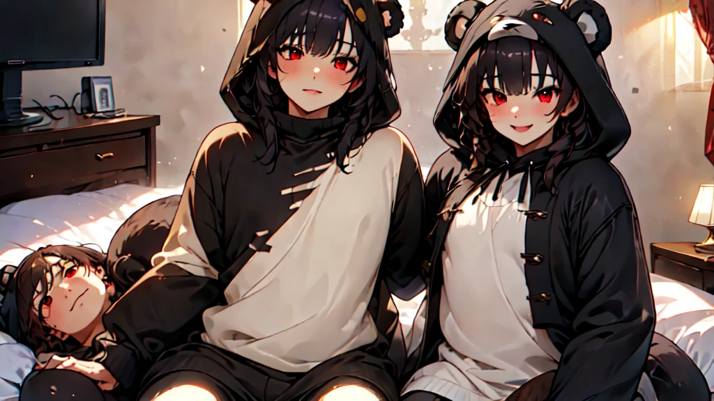 beautiful couple of man and woman (junkotvv and neocruz), (Masterpiece), Best Quality, (extremely detailed face), extremely detailed eyes,  perfect lighting, General detail,(junkotvv) detailed, deep skin,textured skin,
,Bear costume ,black Bear costume, long sleeves, hood up,,mauve , long black fur, Red eyes, big smile,in bed ,sitting between pillows, with a bucket of Popcorn, a television in front 
,