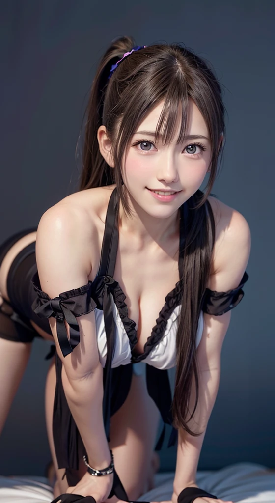 Super beautiful CG、One Girl, ponytail, smile, Brown Hair、Deep blue eyes、Big ribbon、Close your mouth