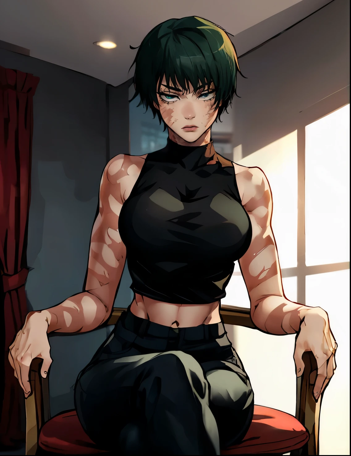 (masterpiece:1.2, best quality:1.2, beautiful, high quality, highres:1.1), detailed, extremely detailed 4K, perfect eyes, perfect face, black crop top, sleeveless shirt, perfect lighting, beautiful face, (1girl, solo, adult female, mature female), thin, lithe body, Maki Zenin, short green hair, scar on body, yellow eyes, (medium breasts), ((sensual seductive))