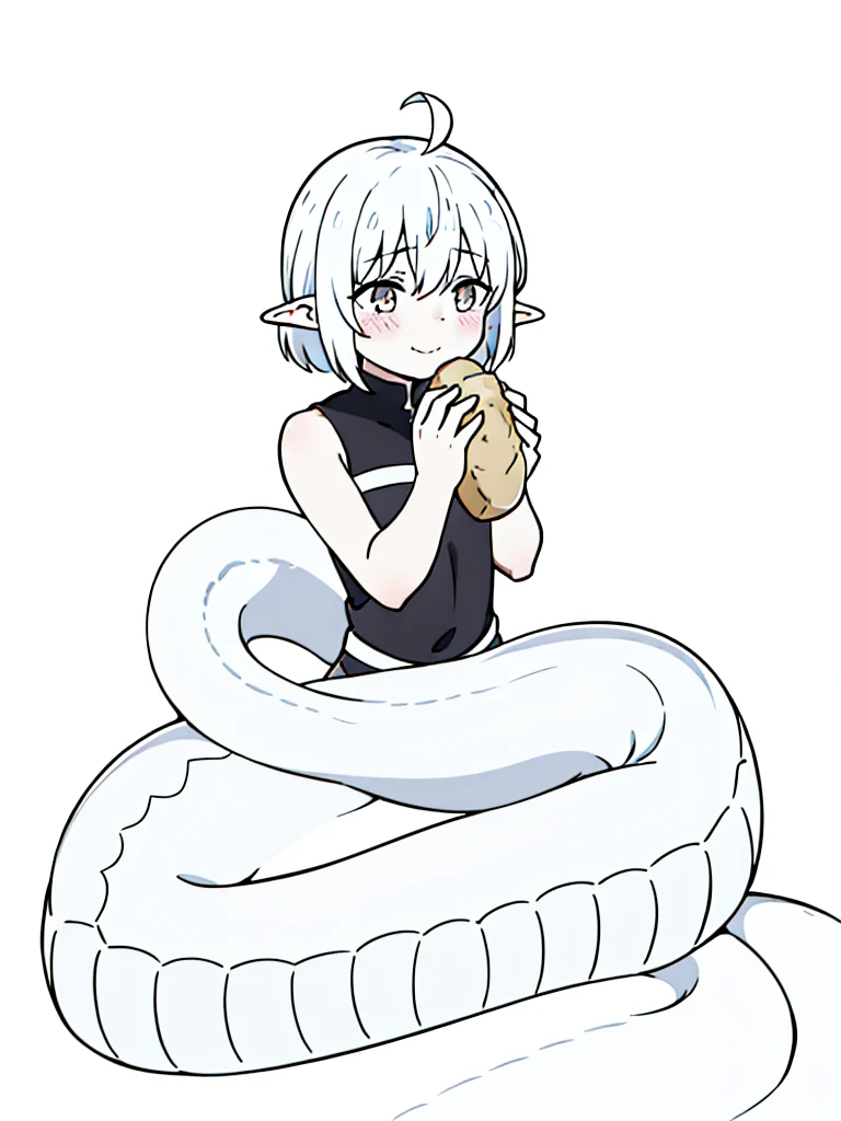 1girl,9s,,smile,short hair,white hair,ahoge,lamia tail,white lamia tail,(white background),pointy ears,sleeveless,cute,blush,eating a bread,portrait,shy,looking away,sad