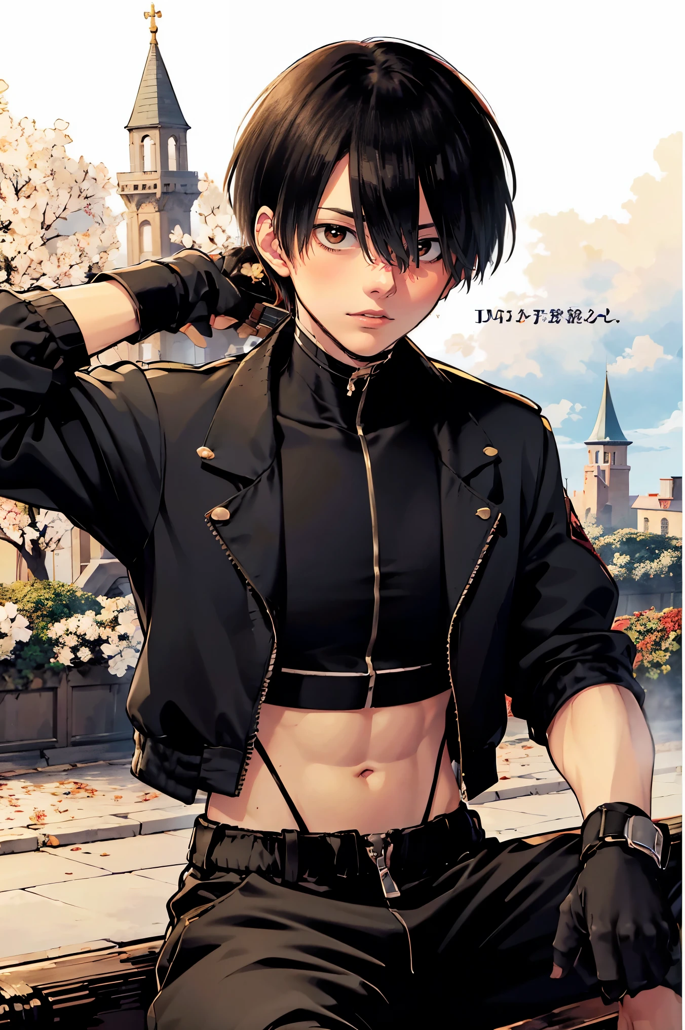 (masterpiece, best quality:1.2), rekkyou sensen,rekkyo sensen, hasuichi nishizono, short hair, black hair, red eyes, boy, male, anime,1boy, bangs, hair between eyes, jacket, looking at viewer, male focus, solo, zipper, black underwear, black gloves, silver choker, background with((fantasy world, ruin, castle, beautiful sky, shining sky, sunshine))
