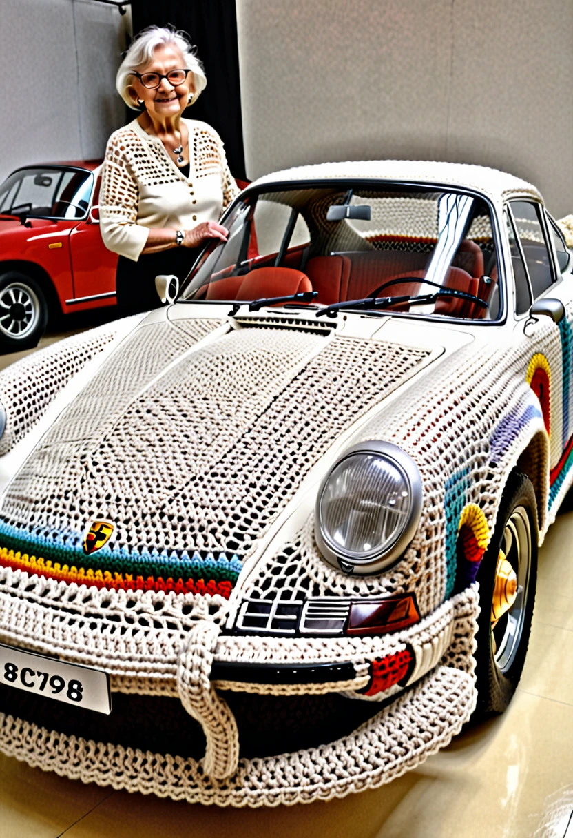 (High quality:1.4), (High detailed:1.2), 82 year old woman next to a crocheted luxury car, (porsche 911), ((crochet car bodywork)),