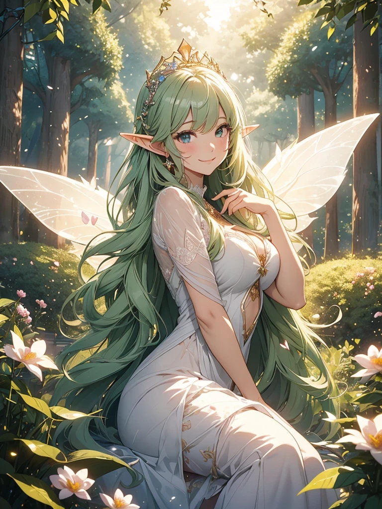 最high quality、1woman elf 、bionde、、、タロットカード風にBeautiful foam、、CourtyardShining fairy wings、E.G: Worst quality ,Flower fractal art　　、see-throughbodystocking,Beautiful side shot, radiance,High-definition depiction, Realistic, 8K, Unity, beautiful Shot, light smile, Beautifully and vividly drawn, , Beautiful, beautiful, clear skin、sexly,beautiful dress,Countless rays of light pouring down, Swirling Light, big background, Raise one arm above your head, Intense light is emitted from the magic circle in front of the girl.   forest、Lots of leaves、Green leaves、flower、Particles of light、Bedroom at night、Magic Palace、Fairy tale、
Romanticism,Cowboy Shot: The most beautiful form of chaos, Mr..々Farbe, Intertwined flowers, Particle,magical gentle light,smile,sexly,image quality、masterpiece、Beautiful Face、Super beautiful elf woman((Big breasted 22 year old office lady、Bust 100,Beautiful long ironed hair 、bionde hair,height: 165cm。、sexly、Esbian、、high quality、、Visual art、Written boundary depth、、Elf Ears、、universe、Happy smile、Gentle light、Elf forest、elegant、ticker beautiful decorative、、magic、forest、beautiful tiara、Beautiful bed、Beautiful Landscape、A kind smile、wonderful、Fluttering petals、Dance happily、、Cultivate fantasy、、Mystery light　Lots of flowers、、art、forest, palace, art,mystery,Ultra-high resolution,atmosphere
