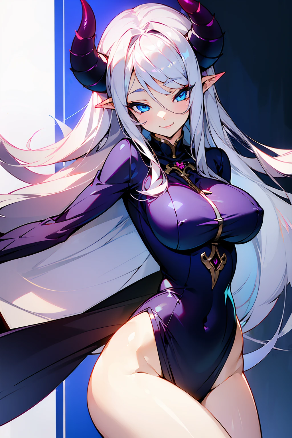 (((1 demon girl))), ((detailed blue eyes)), ((long silver hair)), large breasts, curvy hips, perfectly drawn body, seductive smile, narmaya, best quality, masterpiece, ultra-detailed