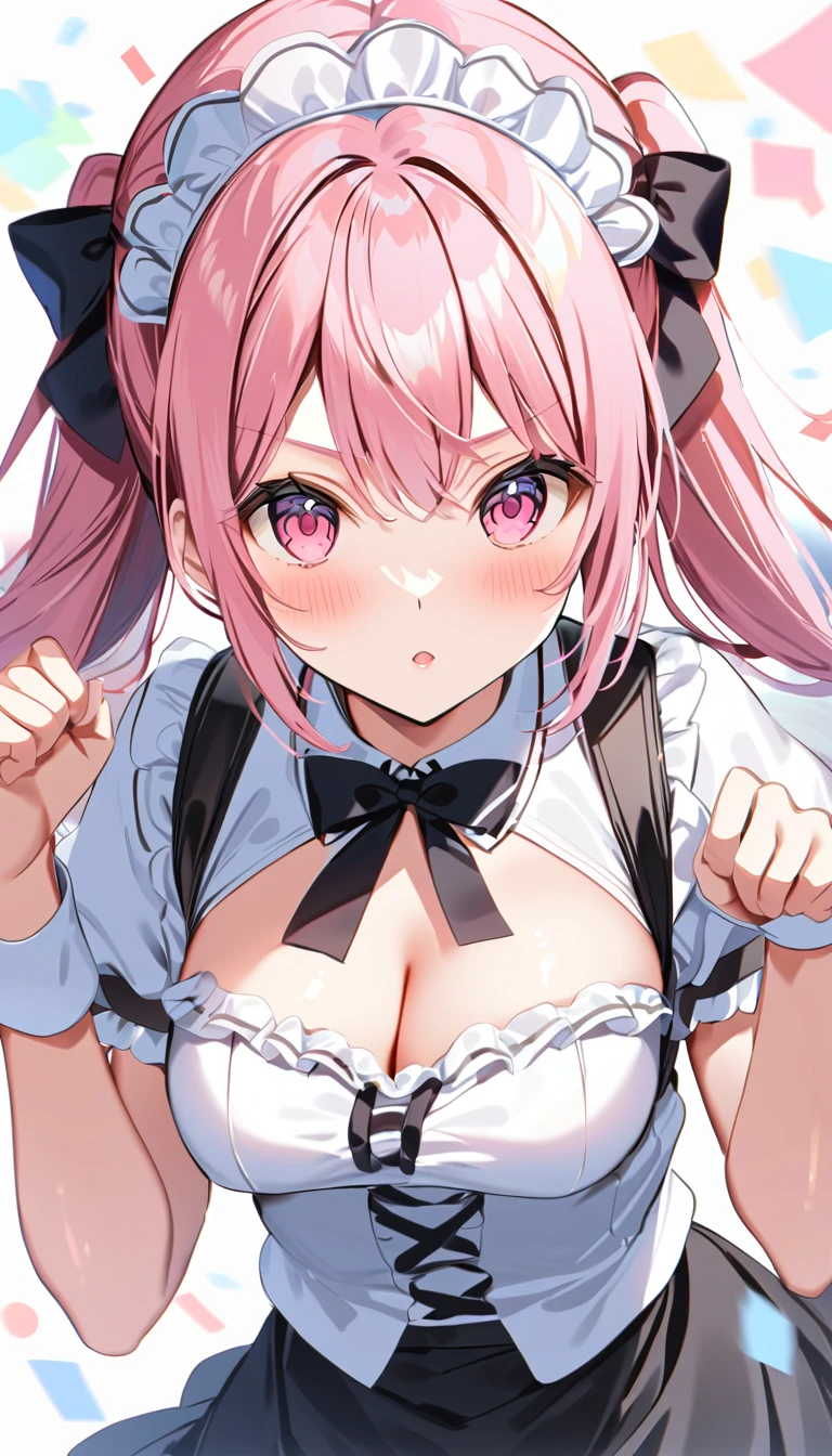 メイド、dynamic pose、pink hair, aaaqua, Twin-tailed, Maid headdress, cleavage, Short sleeves, Wrist cuffs ,Bakua, White jacket, Long sleeves
