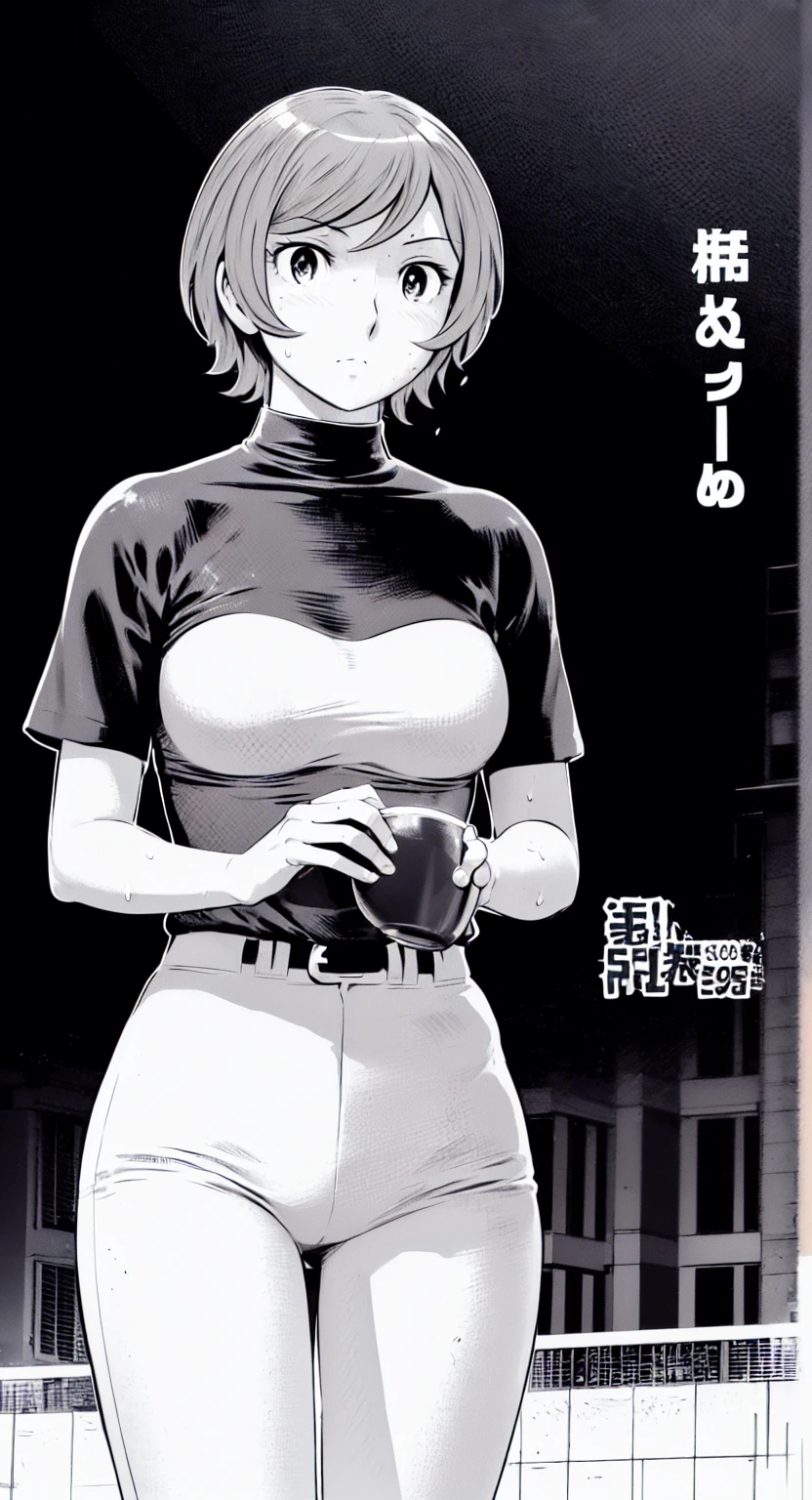 (野球uniform:1.2),
Blonde Hair, (short hair:1.2),Long sleeve, Black Shirt, turtleneck,White trousers、uniform、Black belt、((Illustration of people))、Big Boobs、
View Audience,, (Highest quality:1.3),One Girl, White pants、uniform、Outdoor、baseball ground、ground、soil、blue eyes、Tight black shirt、(masterpiece、Highest quality)、Highest quality, Ultra-high resolution, (((masterpiece))), alone, Sweat、Big eyes、Big Breasts、One Girl, Front view、Embarrassed face、Bronze colored hair、((short hair))、Stand up straight、Cowboy Shot