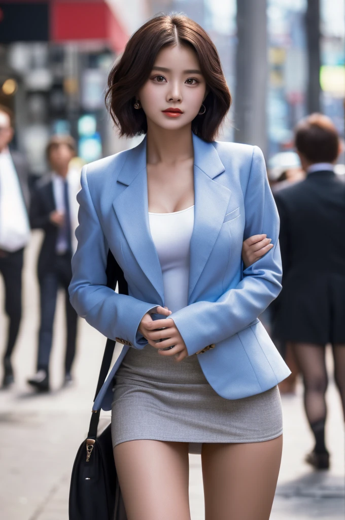 a 20 year old face of the most beautiful actress in the world, the perfect body proportions of a female, tight blazer is worn with formal shirt on female upper body, panties of female crotch between bare legs under short skirt are seen just a little, the short hair cut for a female, standing, at the city street, nsfw, best quality, highly detailed, masterpiece, ultra high res, photo realistic, 8k
