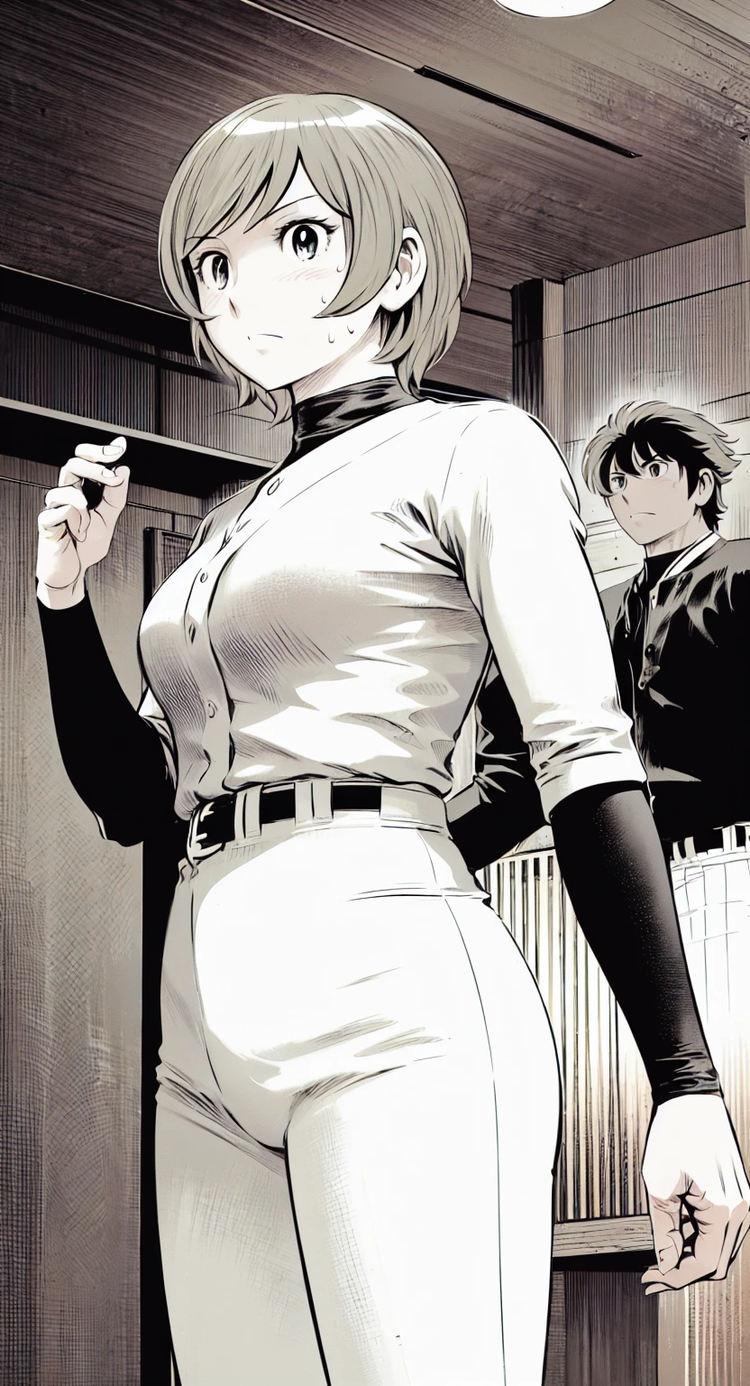 (野球uniform:1.2),
Blonde Hair, (short hair:1.2),Long sleeve, Black Shirt, turtleneck,White trousers、uniform、Black belt、((Illustration of people))、Big 、
View Audience,, (Highest quality:1.3),One Girl, White pants、uniform、indoor、baseball 、White wall、blue eyes、Tight black shirt、(masterpiece、Highest quality)、Highest quality, Ultra-high resolution, (((masterpiece))), alone, Sweat、Big eyes、Big Breasts、One Girl, Front view、Embarrassed face、Bronze colored hair、((short hair))、Stand up straight、Cowboy Shot