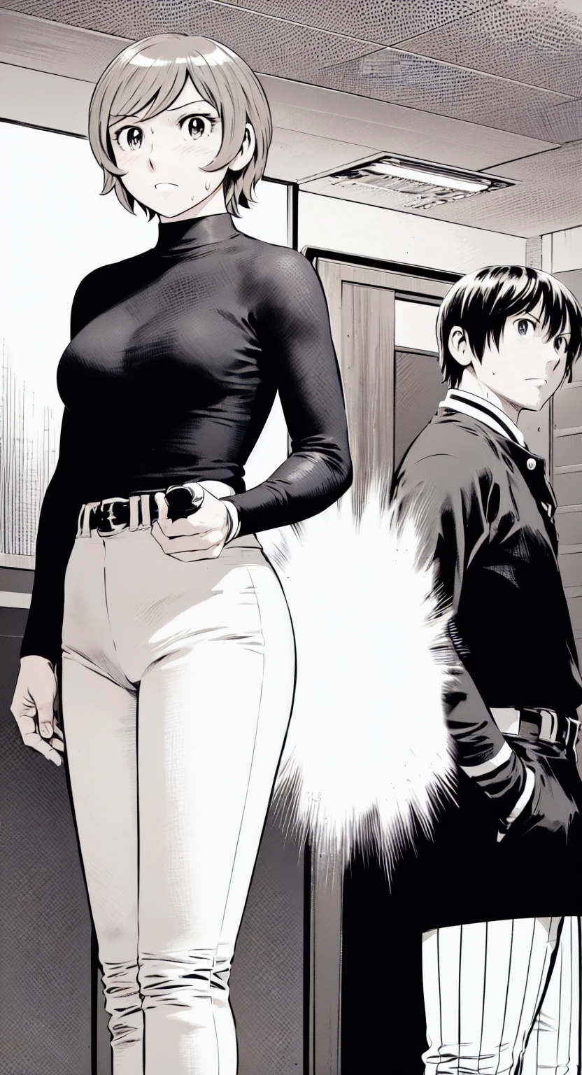 (野球uniform:1.2),
Blonde Hair, (short hair:1.2),Long sleeve, Black Shirt, turtleneck,White trousers、uniform、Black belt、((Illustration of people))、Big 、
View Audience,, (Highest quality:1.3),One Girl, White pants、uniform、indoor、baseball 、White wall、blue eyes、Tight black shirt、(masterpiece、Highest quality)、Highest quality, Ultra-high resolution, (((masterpiece))), alone, Sweat、Big eyes、Big Breasts、One Girl, Front view、Embarrassed face、Bronze colored hair、((short hair))、Stand up straight、Cowboy Shot