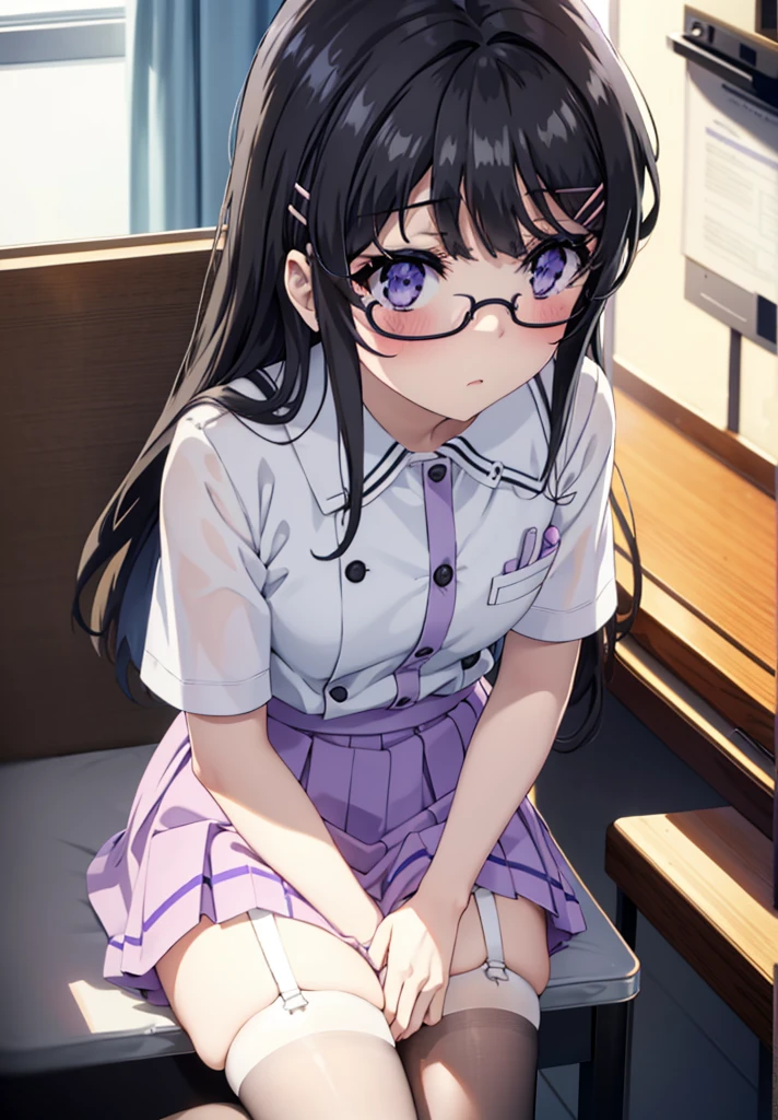 maisakurajima, mai sakurajima, Long Hair, bangs, (Black Hair:1.5), hair ornaments, (Purple eyes:1.1), Hair Clip, rabbit hair ornaments,blush,Embarrassing,Glasses,
Looking up at the audience, White stockings and garter belt, Exposed Skin, nurse's uniform, Wear a stethoscope around your neck, Retaining the exam file, Examination room、Sitting in a chair,whole bodyがイラストに入るように,
break indoors, Examination room,
break looking at viewer, whole body,
break (masterpiece:1.2), Highest quality, High resolution, unity 8k wallpaper, (figure:0.8), (Beautiful attention to detail:1.6), Highly detailed face, Perfect lighting, Highly detailed CG, (Perfect hands, Perfect Anatomy),