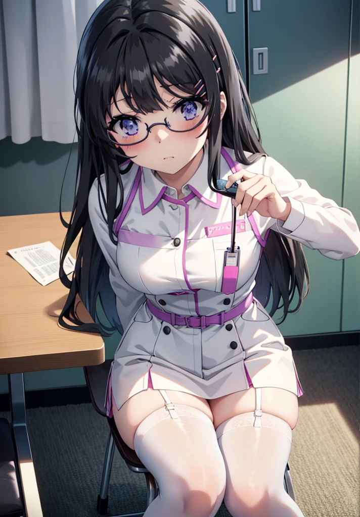 maisakurajima, mai sakurajima, Long Hair, bangs, (Black Hair:1.5), hair ornaments, (Purple eyes:1.1), Hair Clip, rabbit hair ornaments,blush,Embarrassing,Glasses,
Looking up at the audience, White stockings and garter belt, Exposed Skin, nurse's uniform, Wear a stethoscope around your neck, Retaining the exam file, Examination room、Sitting in a chair,whole bodyがイラストに入るように,
break indoors, Examination room,
break looking at viewer, whole body,
break (masterpiece:1.2), Highest quality, High resolution, unity 8k wallpaper, (figure:0.8), (Beautiful attention to detail:1.6), Highly detailed face, Perfect lighting, Highly detailed CG, (Perfect hands, Perfect Anatomy),