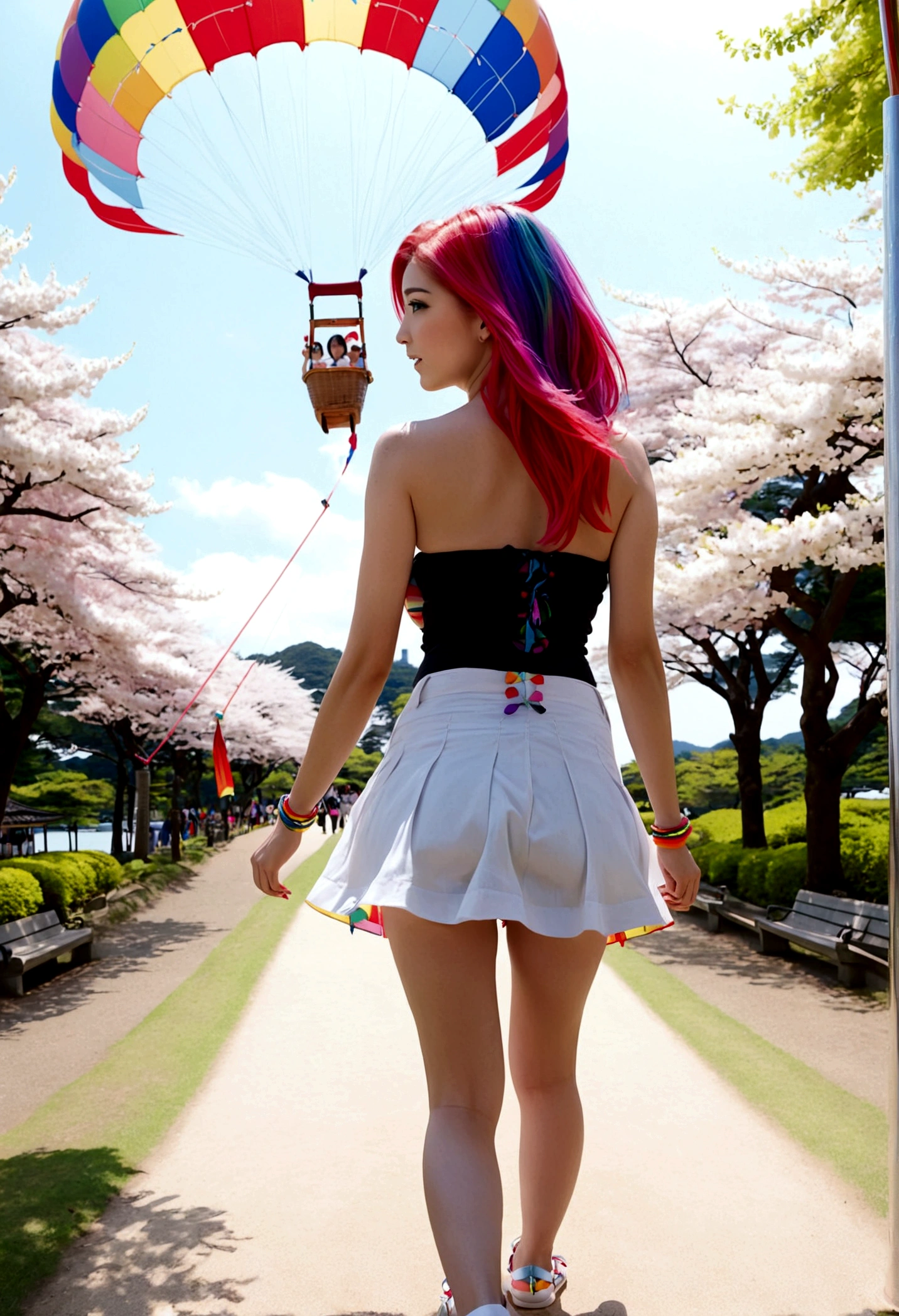 A lovely woman (miniskirt, rainbow hair, tube top, parasail) is a tourist in Japan, she is walking through a park while the cherries are in bloom, view from behind
