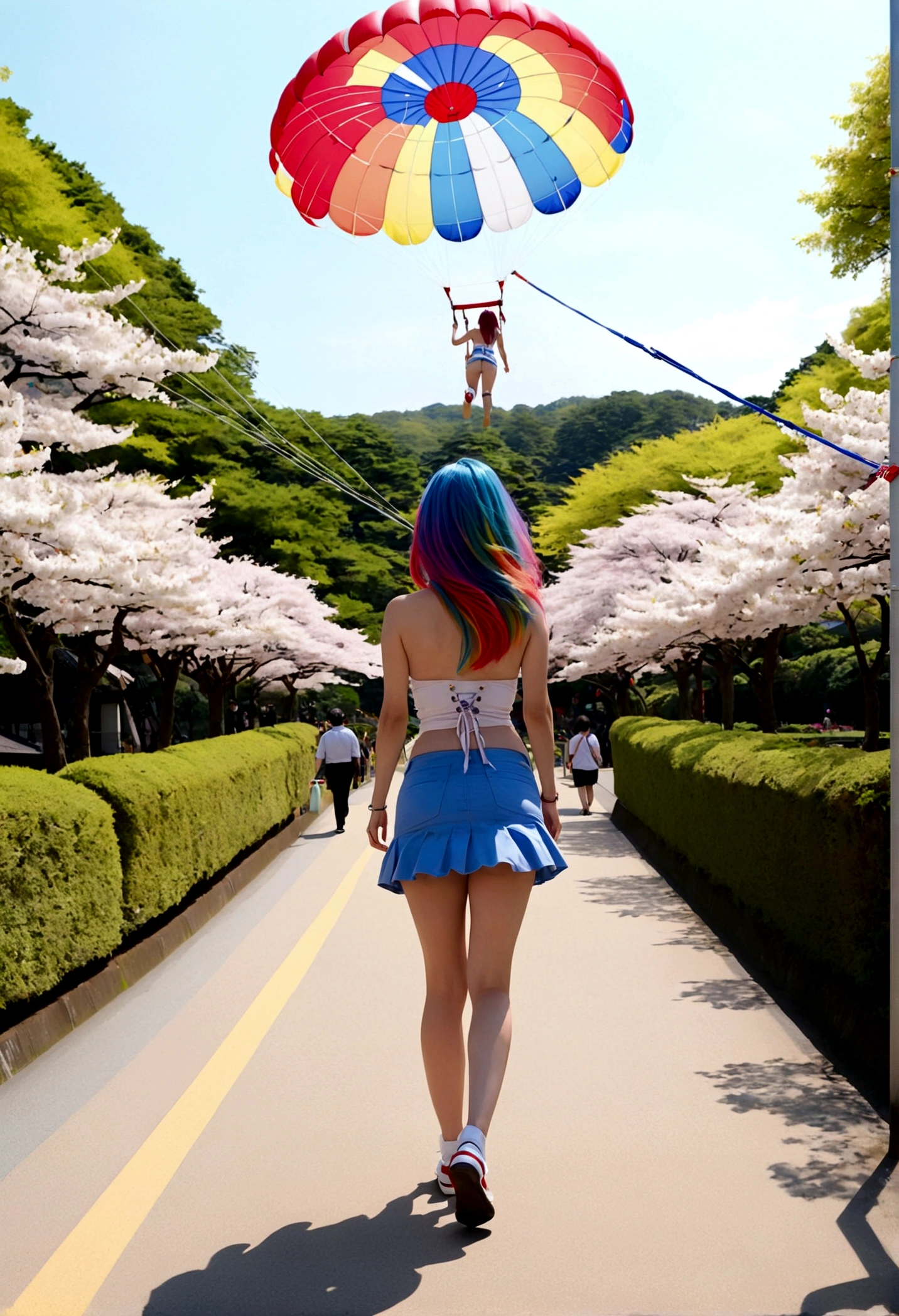 A lovely woman (miniskirt, rainbow hair, tube top, parasail) is a tourist in Japan, she is walking through a park while the cherries are in bloom, view from behind