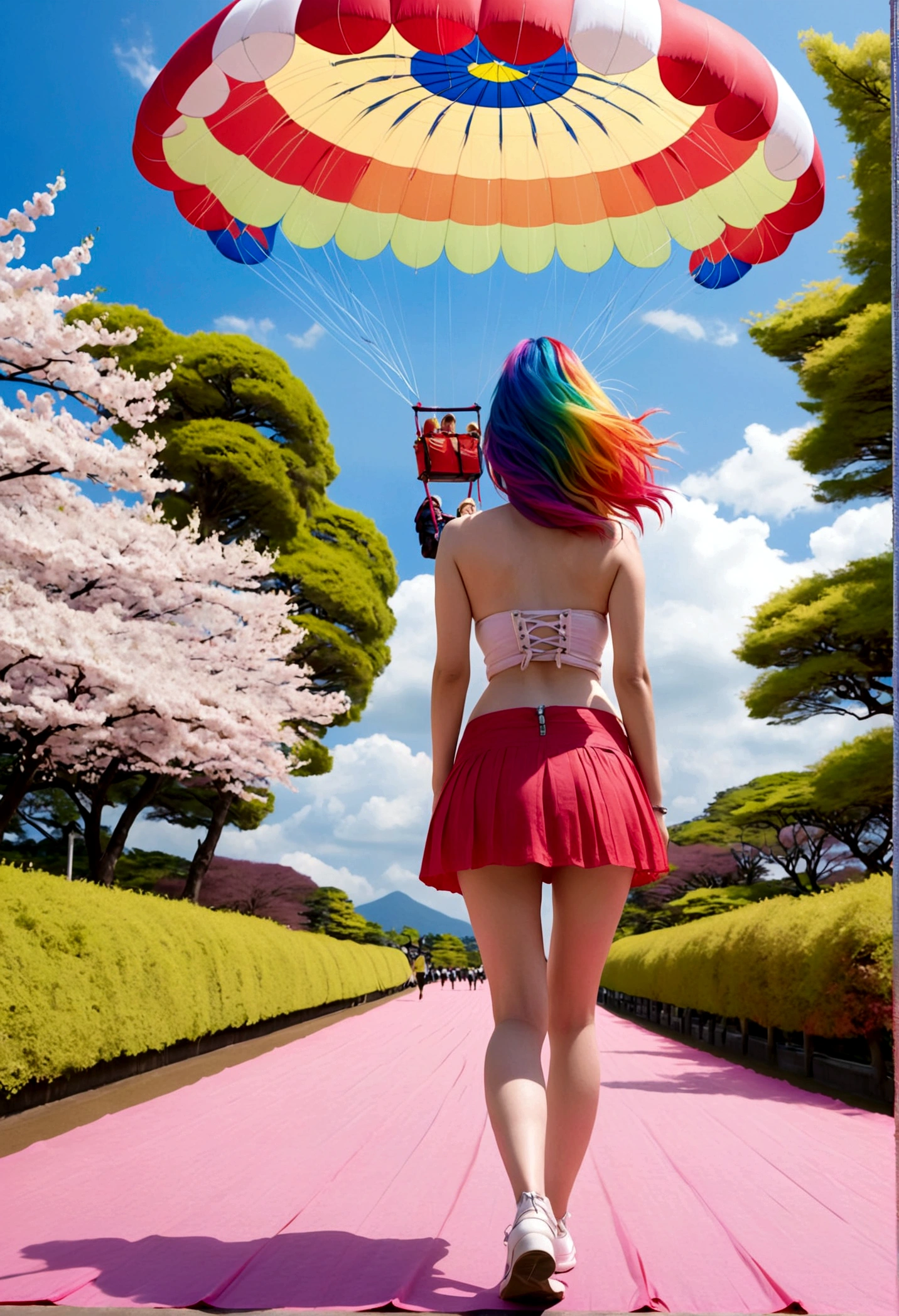 A lovely woman (miniskirt, rainbow hair, tube top, parasail) is a tourist in Japan, she is walking through a park while the cherries are in bloom, view from behind
