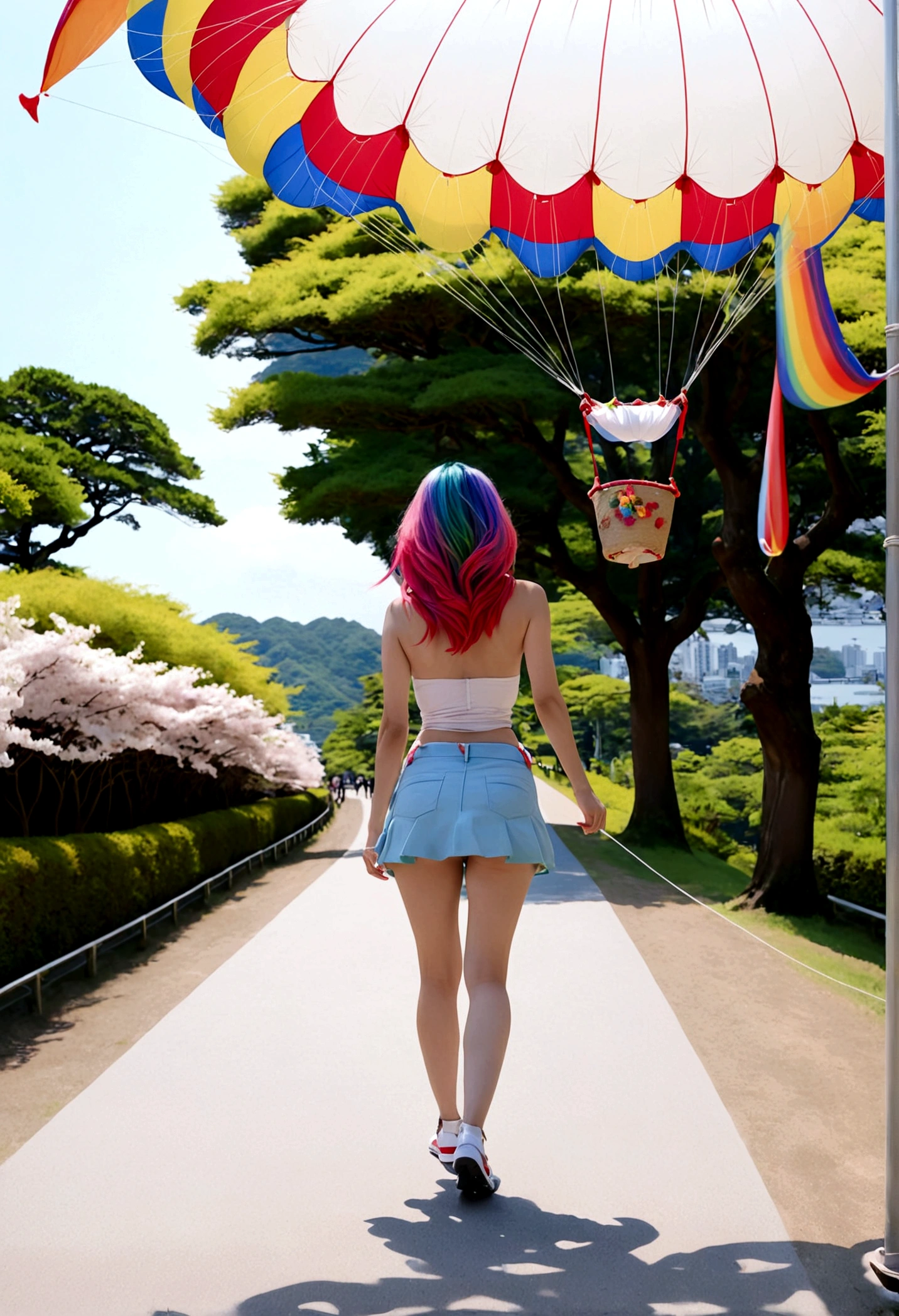 A lovely woman (miniskirt, rainbow hair, tube top, parasail) is a tourist in Japan, she is walking through a park while the cherries are in bloom, view from behind