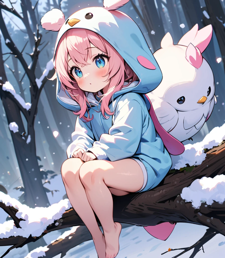(best quality, masterpiece, ultra highres, ultra-detailed:1.2) ,tween girl in white baby-bird kigurumi,there is a small white bird sitting on a branch, birb, kitty-bird hybrid, sentient bird, cute little creature, cute creature, anthropomorphic bird,Long-tailed-Tit, sparkling bird eyes, on a branch, the cutest creature in the world, cute animal, perched in a tree,winter,(snow:1.2),