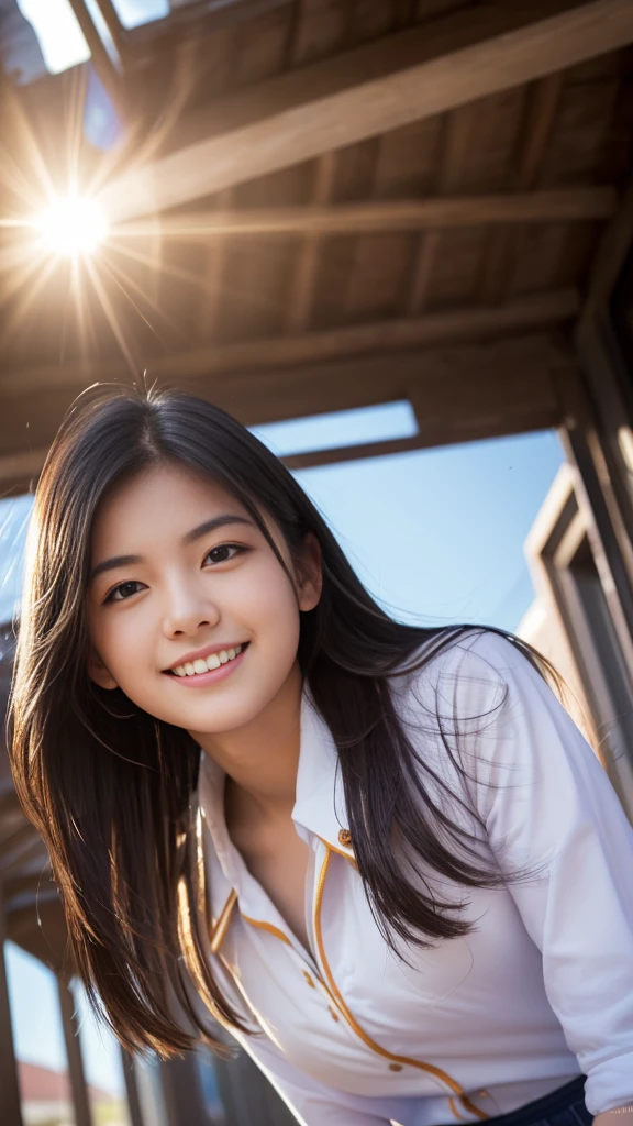 (Highest quality,masterpiece:1.3,Ultra-high resolution),(Very detailed,Caustics,8K),(Realistic:1.4,RAW shooting),1 Girl,(Smiling and looking down at the camera),(Front shot:1.1),(look forward to),18-year-old,cute,Japanese,Black straight long hair,,glamorous,(big ),( close),(Chest Focus),street,sunlight,Natural light,(Backlight),(A bright light shines from behind),(Lens flare),Professional Writing,(Cowboy Shot),(Low position:1.3),(Low Angle:1.3)、High school girls、High School Uniform