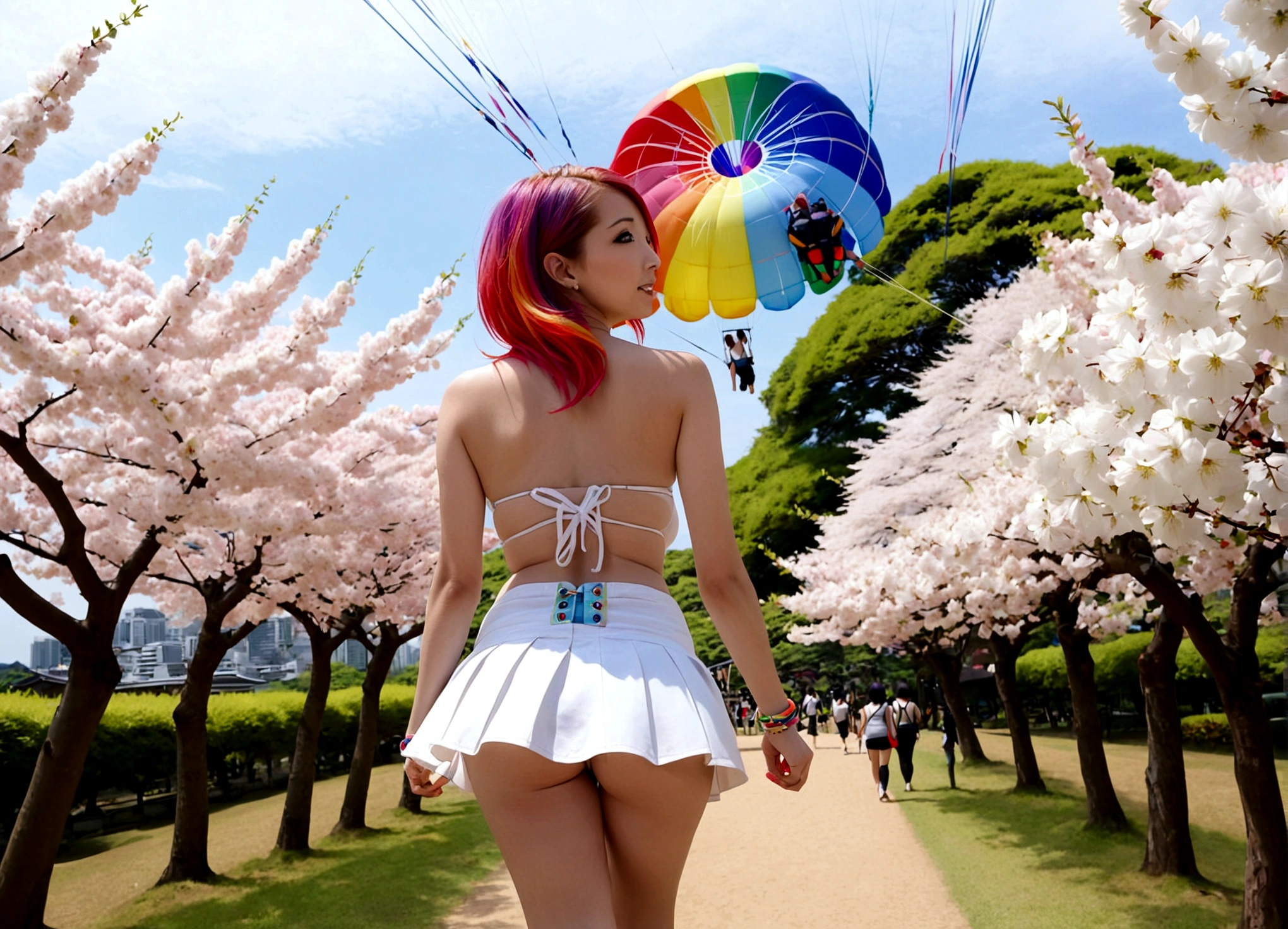 A lovely woman (miniskirt, rainbow hair, tube top, parasail) is a tourist in Japan, she is walking through a park while the cherries are in bloom, view from behind