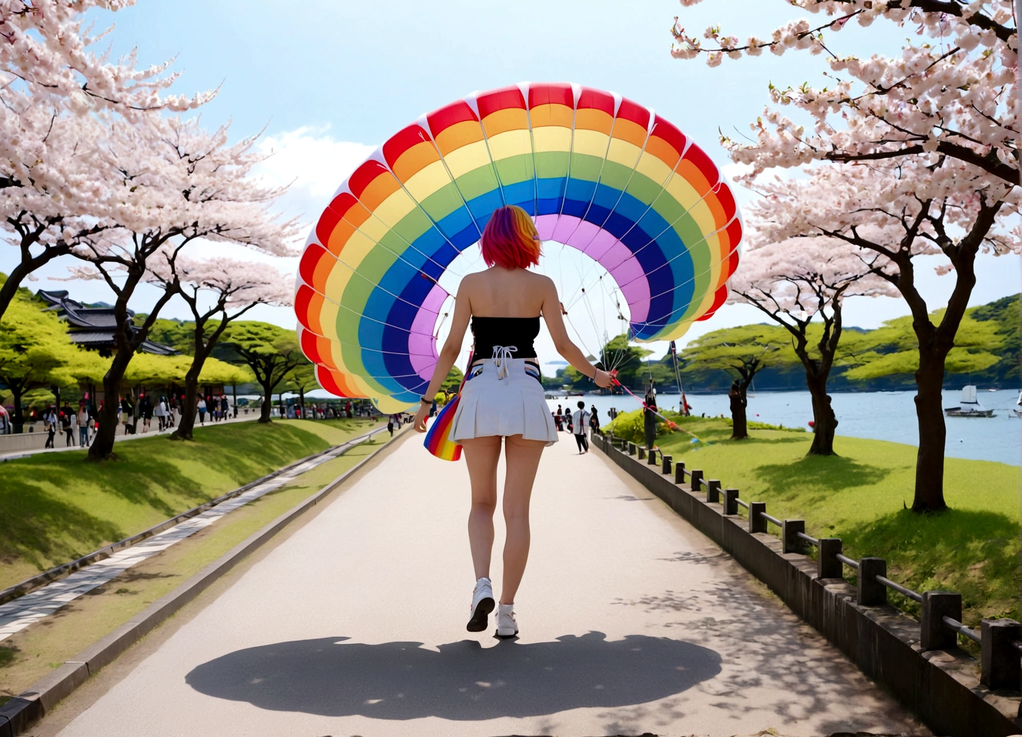 A lovely woman (miniskirt, rainbow hair, tube top, parasail) is a tourist in Japan, she is walking through a park while the cherries are in bloom, view from behind