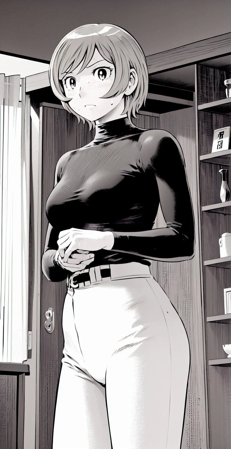 (野球uniform:1.2),
Blonde Hair, (short hair:1.2),Long sleeve, Black Shirt, turtleneck,White trousers、uniform、Black belt、((Illustration of people))、Big 、
View Audience,, (Highest quality:1.3),One Girl, White pants、uniform、indoor、baseball 、White wall、blue eyes、Tight black shirt、(masterpiece、Highest quality)、Highest quality, Ultra-high resolution, (((masterpiece))), alone, Sweat、Big eyes、Big Breasts、One Girl, Front view、Embarrassed face、Bronze colored hair、((short hair))、Stand up straight、Cowboy Shot
