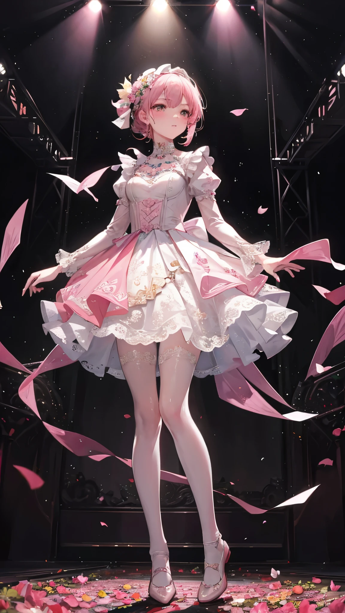 Face the viewer,Masterpiece,HighestQuali,one-girl,Stand on stage and sing,Delicate facial features,Pink floral dress,White tights,Small leather shoes,Stage,lamplight,Close-up of people