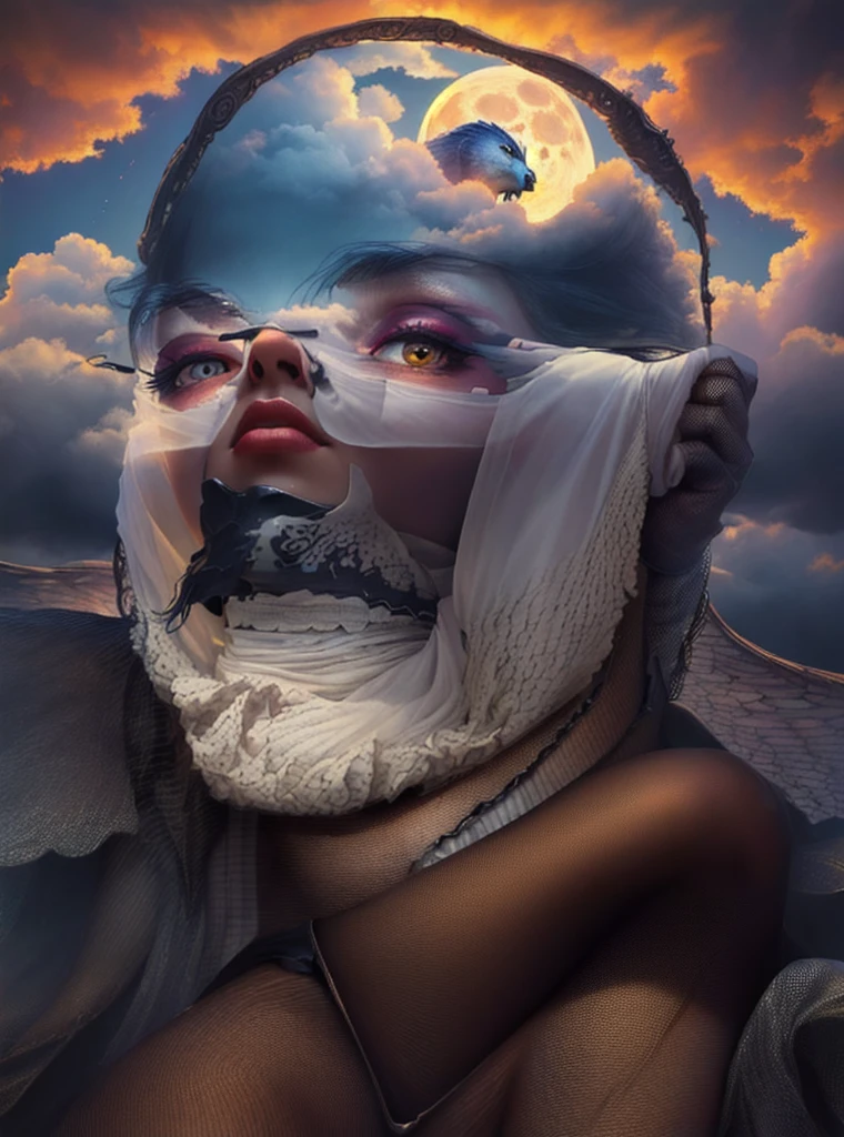 ((best qualityer)), ((work of art)), (detailded), together, ethereal beauty, perched on a cloud, (fantasy illustration:1.3), lovely gaze, skintight, pantyhose, Stockings, May, captivating pose, delicate wings, otherworldly charm, mystical sky, large moon, full moon night, subdued colors, (detailded cloudscape:1.3), (high resolution:1.2), from low, (assessment_explicit), (punctuation_9, punctuation_8_High above, punctuation_7_High above, punctuation_6_High above, punctuation_5_High above, punctuation_4_High above, high resolution, 4K)