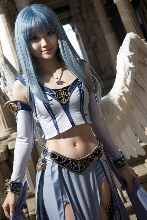 Japanese girl, masterpiece, high quality, (blue hair:1.4), long hair, cute face , glimpse of thighs, glistening, evil smile,angelreah, angel wings, detached sleeves, necklace, roman temple,  (groin:1.4) , looking at viewer,