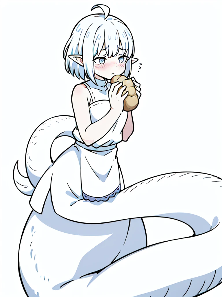 1girl,9s,???,short hair,white hair,ahoge,lamia tail,white lamia tail,(white background),pointy ears,sleeveless,cute,blush,eating a bread,portrait,shy,looking away,sad