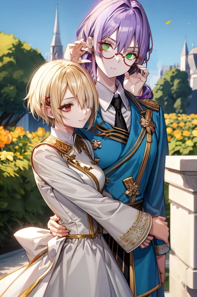 (((Purple long hair))),(((Red round glasses))),(((Green Eyes))),(((Only the face))),(((Only from the neck up))),(((Handless))),(((No need for hands))),