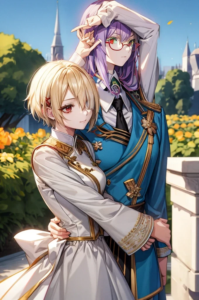(((Purple long hair))),(((Red round glasses))),(((Green Eyes))),(((Only the face))),(((Only from the neck up))),(((Handless))),(((No need for hands))),