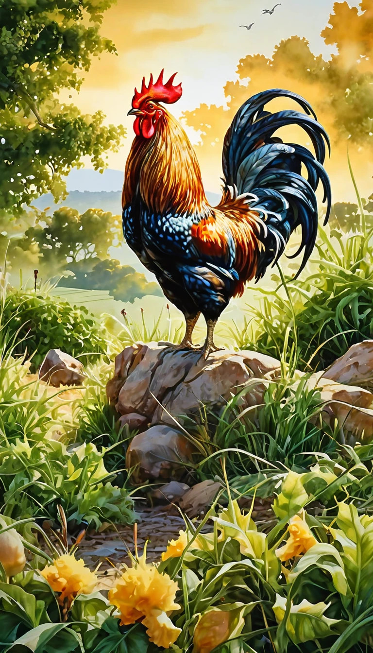 beautiful detailed countryside,rooster crowing,hyperdetailed,super high resolution,photorealistic,intricate details,lush greenery,warm golden light,dawn,vibrant colors,dramatic lighting,picturesque scenery,idyllic rural landscape,realistic textures,masterful composition,breathtaking realism,stunning clarity,exquisitely detailed,natural beauty,serene tranquility,magnificent vista