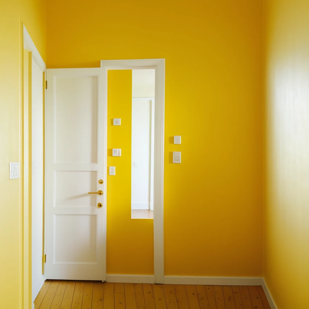 ((best qualityer)), ((work of art)), (detailded), one image per 3240x1080, yellow walls, a safe door in the Center, small written words "squad gold" doradas, detalhes em doradas na porta do cofre, a plant jar with gold leaves on the left and right side of the safe, wooden details on yellow wall, white floor.