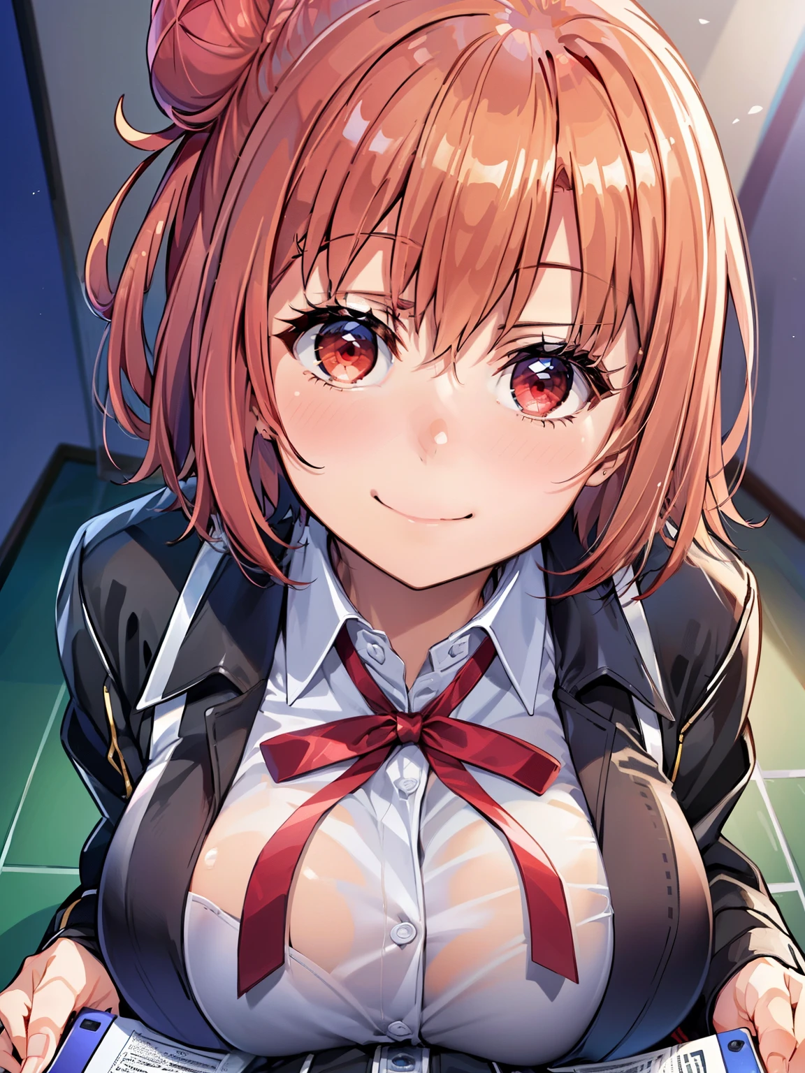 ((Highest quality, High resolution,  Perfect Pixel,  4K)),  (Beautiful Anime Girls), Depth of written boundary、


Yuigahama Yui,  (Big Breasts:1.1)、
short hair, Single hair bun, Neck ribbon, White shirt, Dress shirt, blazer, Black jacket, Open jacket, Red eyes、

smile、
(breast press:1.1), from above, 