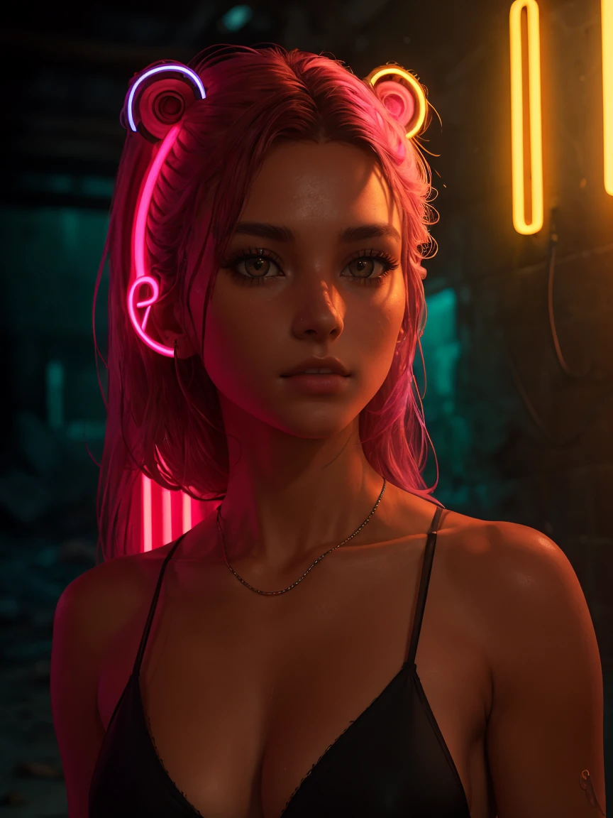 Masterpiece artwork, best qualityer, Digital Influencer Thais Carla , low water, 8K, high-detailed face, a perfect face, the perfect body, posando, (details Intricate:0.9), (HDR, Hyper-detail:1.2), (natural skin textures, hyperrealisti, smooth light, Spitz), (Intricate Detail 1.5), in an abandoned warehouse, ((Lots of neon consecration)).