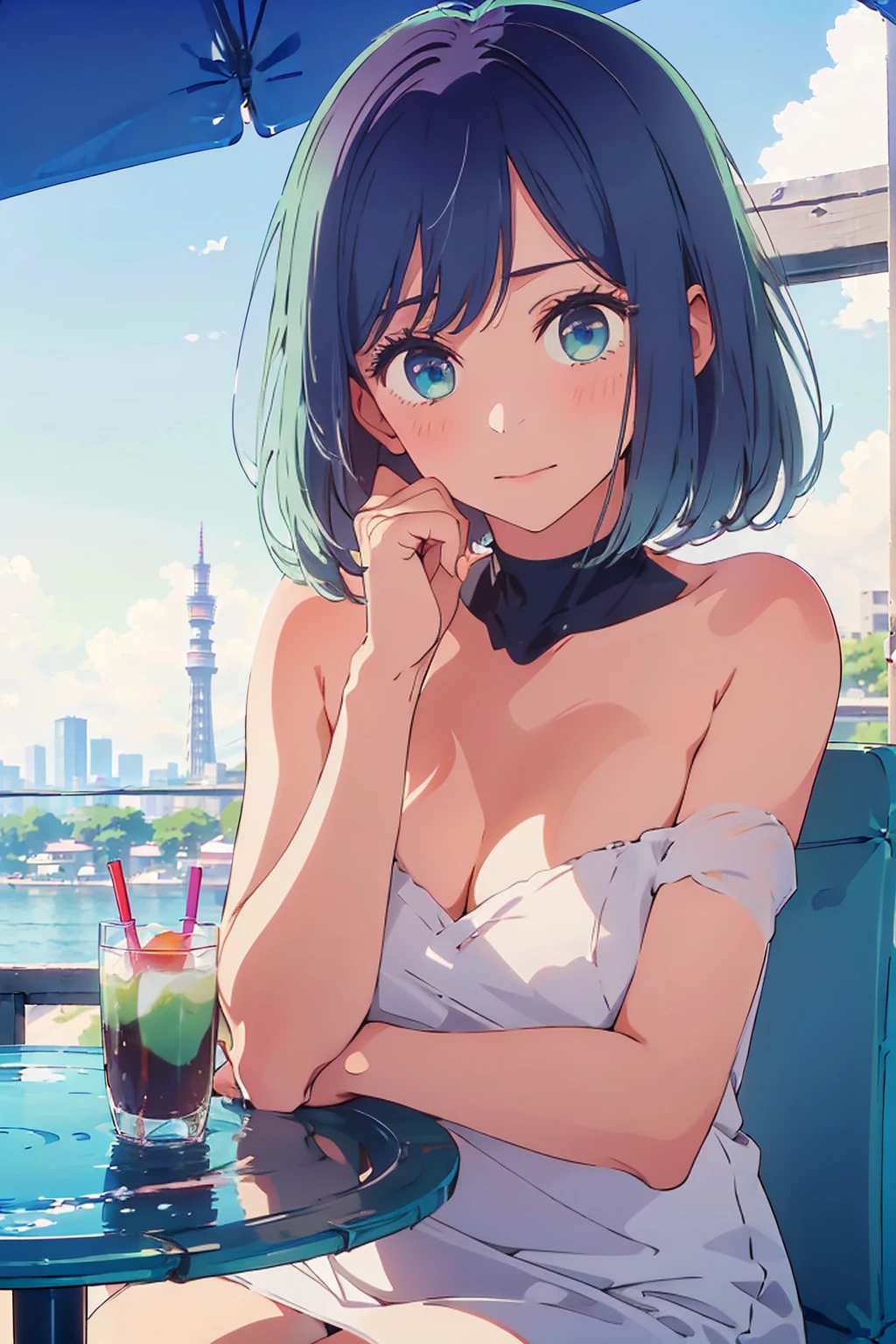 (Highest quality:1.4、8K:1.4、detailed)、F cup bust、Big Breasts、Slim body、Very white beautiful skin、((((1 person、Surprised expression、sit、Chair、In the background are the urban buildings of Tokyo、looking at the camera、Outdoor café terrace、Navy hair color、juice、Shooting up close、Shooting from an angle、table、Very cute face))))、((((nude、Areola))))、(Hand touching cheek pose:1.4、Cheek resting on hand:1.4)、(bath towel)、Very blue sky、A completely cloudless sky