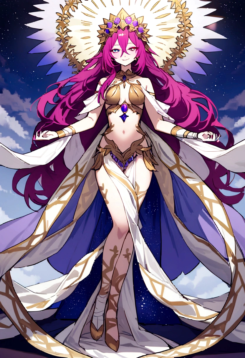 a girl with magenta hair and indigo eyes with a lot of pechinality who has a beautiful body with very little clothing (blueviolet clothing color) may she be a beautiful goddess ( with a smile and a perverted look) and have bandages (whole body)