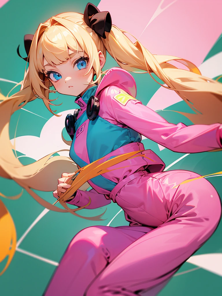 1 girl, two pigtails falling over her shoulders with pink rubber bands, blond hair, blue eyes, wearing a pink jumpsuit dress, with 1 girl, blak hair, straight hair bangs, waist-length hair, wearing a green dress, holding hands
