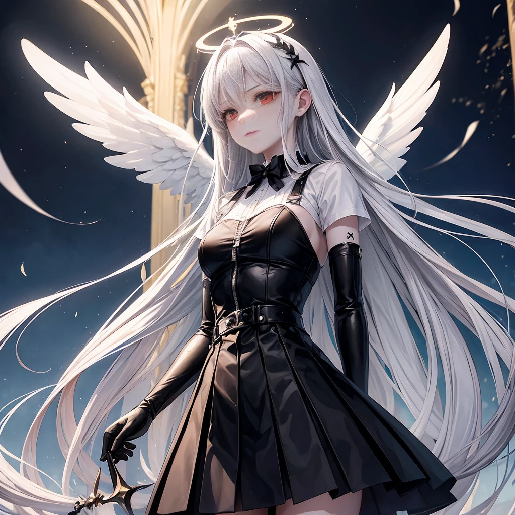 charachter:
Her pale skin suggests a connection to the supernatural, as if he belonged to a kingdom beyond our own.
The red eyes, burning like embers, hide unfathomable mysteries and passions.
Silver gray hair, tied by a black bow, evokes duality: Light and shadow intertwined.
The clothing:
The black zipped coat and pleated skirt are a fusion of elegance and rebellion.
The character seems ready to face challenges, as if he were a warrior from opposite worlds.
Oh Hello:
Floating overhead, the white halo is an angelic symbol. But there is something different: an X crosses it.
This X represents rebellion, the breaking of heavenly norms. The character is not just an angel; is a being in conflict.
o fundo:
The simplicity of the background, with gray gradients, highlights the protagonist.
It&#39;s as if the world around is on hold, waiting for a crucial choice.
Interpretation: The character personifies duality. He is the balance between light and dark, angel and rebel. Your journey is the search for internal harmony, while facing a world that does not understand its complexity.
