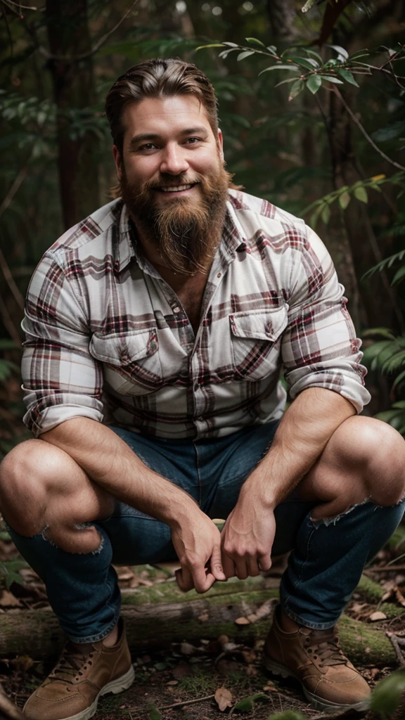 45-year-old lumberjack, with a large beard, well-cut hair with white streaks, wearing a long-sleeved red plaid shirt, ripped jeans, full body, crouched, looking ahead, smiling, in a paradisiacal forest. high definition photo, 8K image, kodak, Nikon.