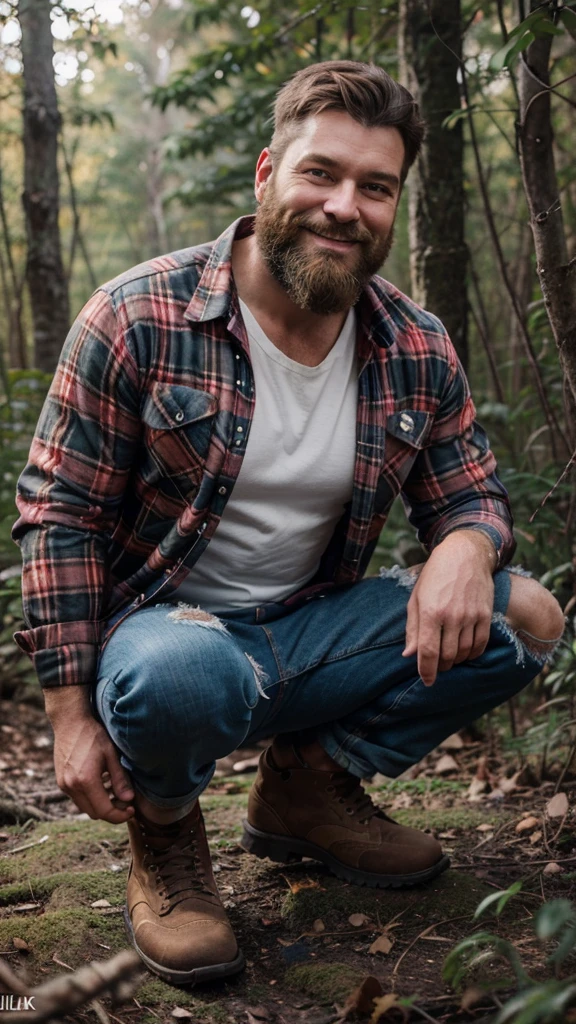 45-year-old lumberjack, with a large beard, well-cut hair with white streaks, wearing a long-sleeved red plaid shirt, ripped jeans, full body, crouched, looking ahead, smiling, in a paradisiacal forest. high definition photo, 8K image, kodak, Nikon.