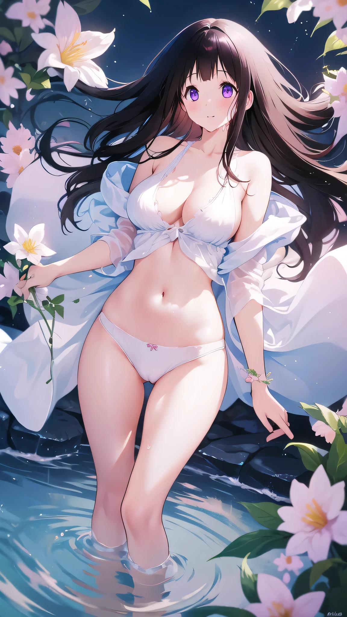 Beautiful Chitanda，There is only one beautiful girl，Purple Eyes, Black Hair, Natural straight hair, Straight bangs，Extremely refined，open your lips，Face is so red，Very white skin，Skin as delicate as porcelain，Glowing skin，big eyes，Flowing long hair，beautiful girl, Like a dream，Slim，Slim waist，soft, (sensuous), (Kawaii), Dream quality，By the River，No top，Flowers，Standing，Touch your body，Water Flow，Foam，Rub your breasts，crap，Sweaty and sweaty，Wet skin，Profile，Side breasts，Underwear Rain，（Completely naked），Gluteal groove，Completely naked back，nacked hip，Bare belly，very close，Deep V neckline，Loose neckline，Beautiful big breasts，No pants，Delicate clavicle，Delicate hands and feet，Bare neck，There are no clothes around the neck，Bare thighs，Exposing the groin，Camel toe，extremely shy，Ultra-high resolution, (masterpiece:1.2, best quality), (Delicate and beautiful eyes: 1.2), (Beautiful and delicate face)