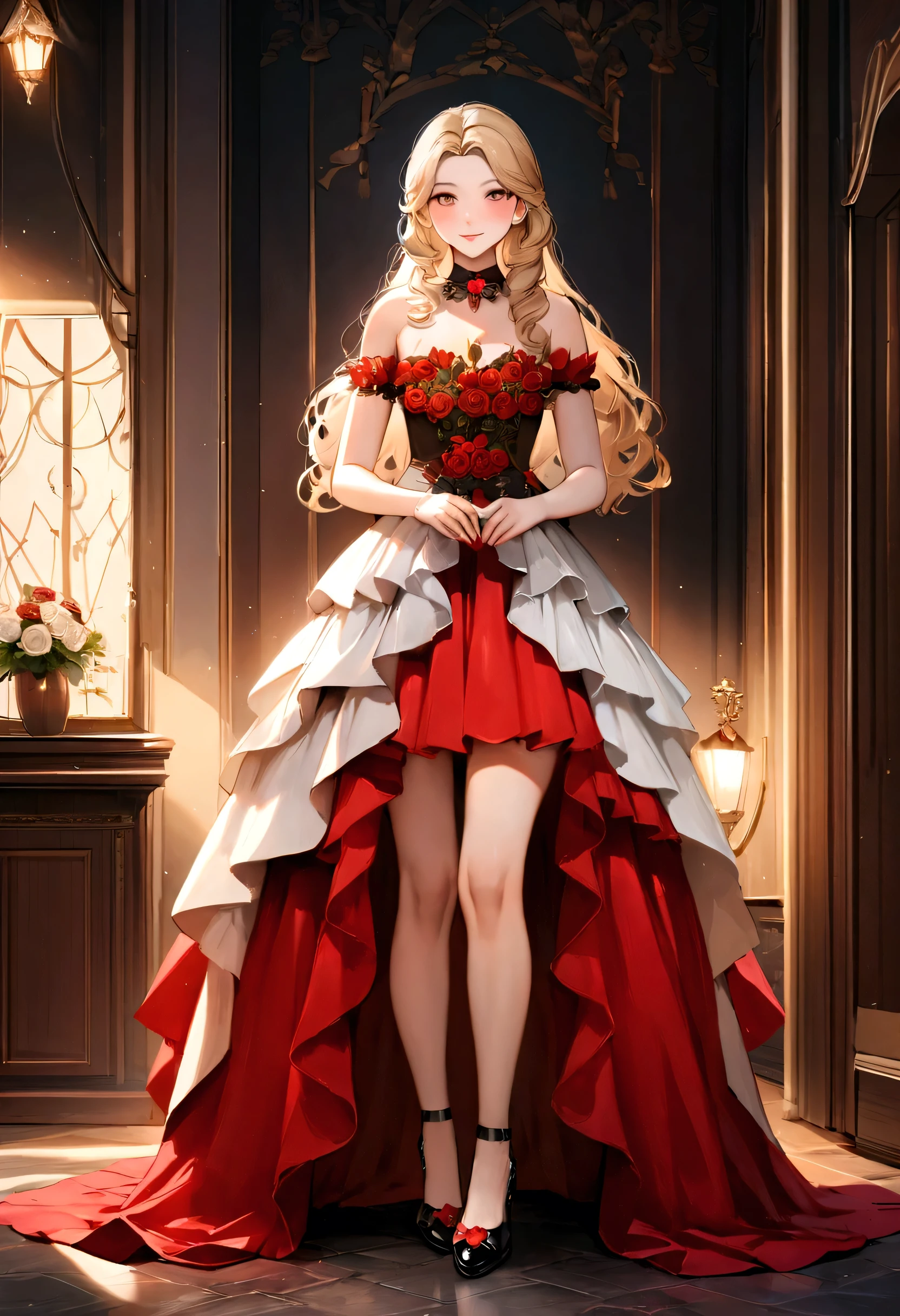 Superb Quality, Masterpiece, High Resolution, Realistic girl (Realistic:5,6), 1Girl, 17yo girl, Blush, (cute Smile: 0.8),normal , perfect body shape ratio, body goals girl, perfect girl, she's my girlfriend, faceless girl、full body Esbian、perfect anatomy, detailed anatomy, A blonde, cute bangs, long straight blonde hair, good girl, idol, key of visual, gorgeous face, perfect anatomy, detailed anatomy, her name is Roséanné Anaphalis, perfect front pose, representation of rose and edelweiss flowers, she's cool and gorgeous, she wears red rose dress, elegant dress, gorgeous dress, perfect dress, front view, full body looks, perfect camera, HD quality, high picture quality、royal kingdom background, Beautiful Wallpaper, 8K UHD, DSLR, Soft Light, High Quality, Volume Lighting, HDR on, High Resolution, 4K, 8K, Background Bokeh