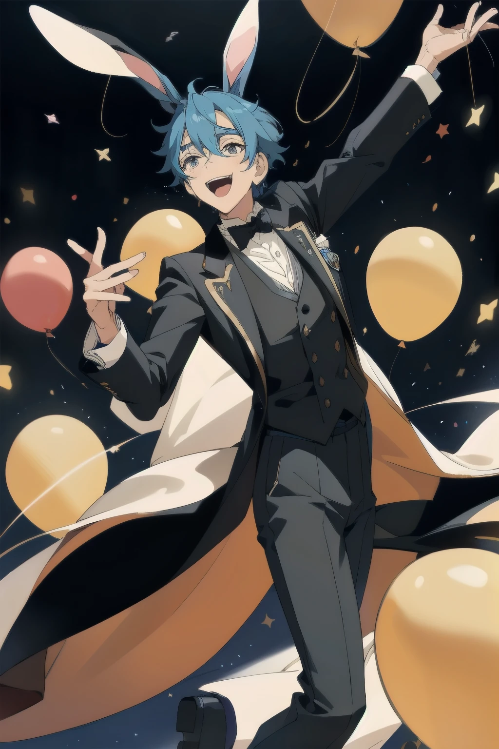 An anthropomorphic rabbit man in a tuxedo, donning a top hat and cane, dances elegantly in a , surrounded by a twinkling array of fairy lights and colorfulballoons. The rabbit's gestures are lively, yet graceful, embodying a captivating performance. The rabbit's long ears flutter with every beat, adding a whimsical charm to the scene. His twitching nose and droopy eyes exude a delightful sense of self-awareness as he dances the night away, leaving the audience in awe. This enchanting image is captured in high resolution, making every detail shine.