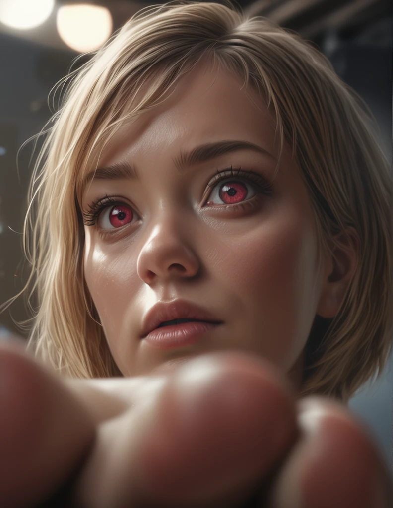 a beautiful girl with blonde hair in a bob cut, sparkling ruby eyes, and tanned skin, wearing detailed and sexy underwear, photographed from a low angle looking up from the feet to the head, (best quality,4k,8k,highres,masterpiece:1.2),ultra-detailed,(realistic,photorealistic,photo-realistic:1.37),HDR,UHD,studio lighting,ultra-fine painting,sharp focus,physically-based rendering,extreme detail description,professional,vivid colors,bokeh,portrait