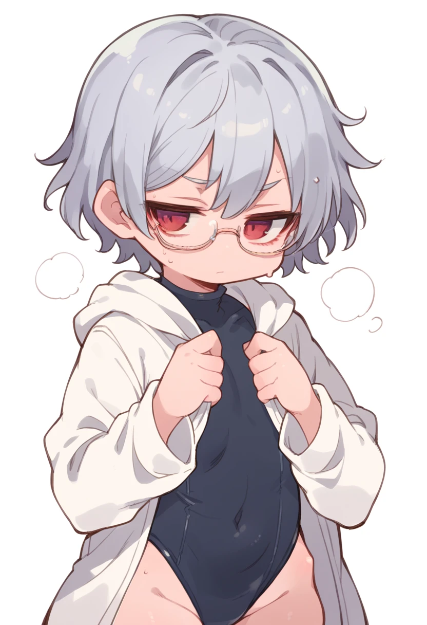 1girl,Silver Hair,Red eyes,Curly medium short hair,Square glasses,Wearing a large white coat,hoodie,,Dairy-free,Expressionless,Wipe away sweat,Character portrait,full Art,Leotard style swimsuit,Crotch crack