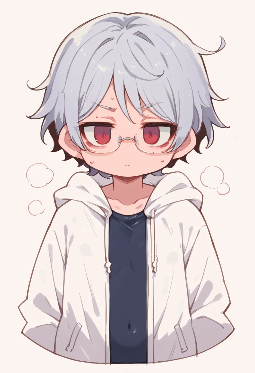 1girl,Silver Hair,Red eyes,Curly medium short hair,Square glasses,Wearing a large white coat,hoodie,,Dairy-free,Expressionless,Wipe away sweat,Character portrait,full Art,Leotard style swimsuit,Crotch crack
