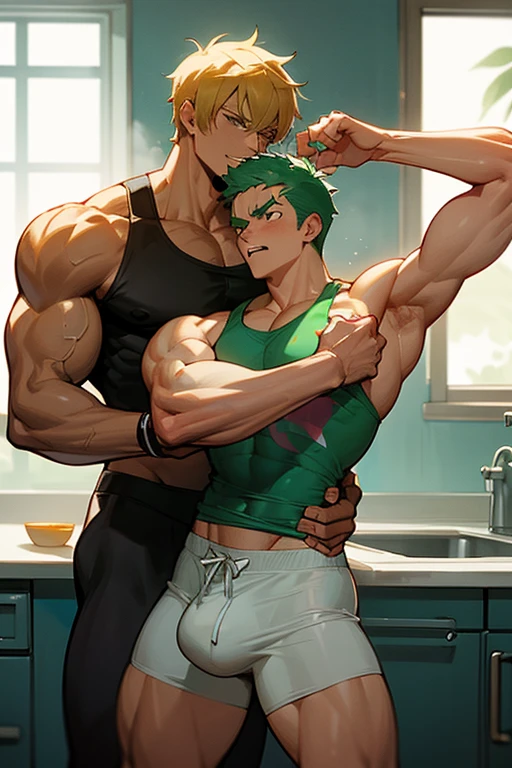 Sanji and Roronoa Zoro from One Piece making a protein shake in a kitchen for Rononoa Zoro. Both have trained themselves to look and act like big dumb bodybuilder jocks to blend in. Saying, "Good dumb jocks are big and dumb. A good dumb jock's what I'll become...." Then chuckling vapidly. Big biceps. Big triceps. Broad shoulders. Huge pecs. Big traps. Tank tops. Blank stare. Open mouths. Vapid. bro. bodybuilder. IQ drain. Jock. hypnosis. dumber. Big crotch bulge. Dumbing down. Brainwashing. Giant muscles. Hyper muscles. Hyper crotch bulge. Dumber and dumber. Bigger and bigger. Musclehead. Meathead. Jock. Hypnotized. Hypnosis. Brainwashed. Brainwashing. Subliminal hypnosis. "Bro, I feel ... kinda ... uhhh ... stupid...? Like my head gets ... dumber, and ... dumber, and ... dumber..... I'll ... be dumb ... for Coach...."