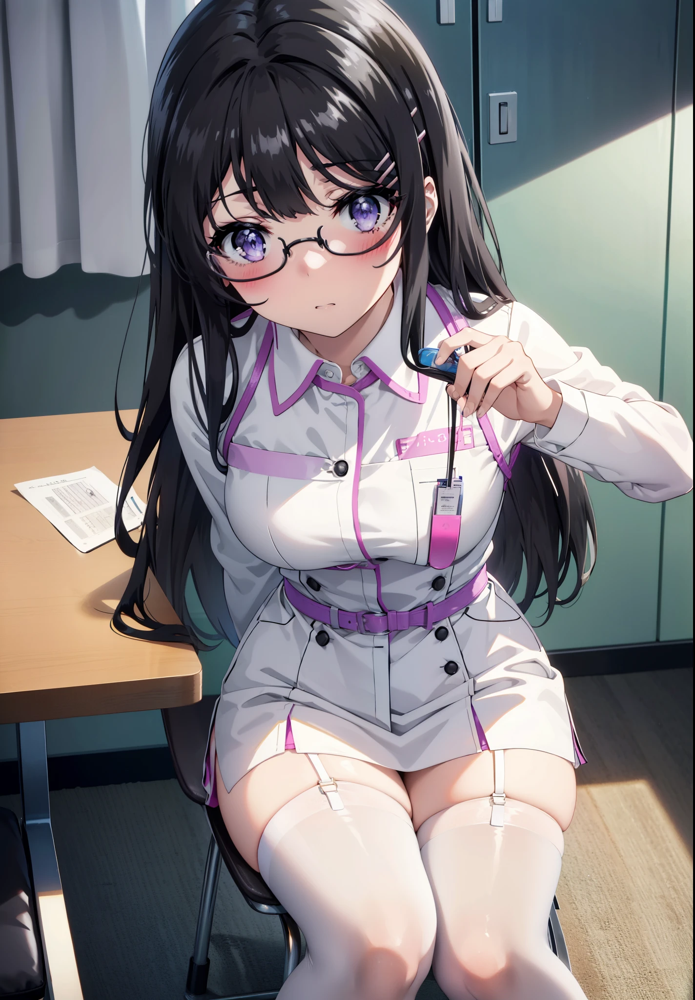 maisakurajima, mai sakurajima, Long Hair, bangs, (Black Hair:1.5), hair ornaments, (Purple eyes:1.1), Hair Clip, rabbit hair ornaments,blush,Embarrassing,Glasses,
Looking up at the audience, White stockings and garter belt, Exposed Skin, nurse's uniform, Wear a stethoscope around your neck, Retaining the exam file, Examination room、Sitting in a chair,whole bodyがイラストに入るように,
break indoors, Examination room,
break looking at viewer, whole body,
break (masterpiece:1.2), Highest quality, High resolution, unity 8k wallpaper, (figure:0.8), (Beautiful attention to detail:1.6), Highly detailed face, Perfect lighting, Highly detailed CG, (Perfect hands, Perfect Anatomy),