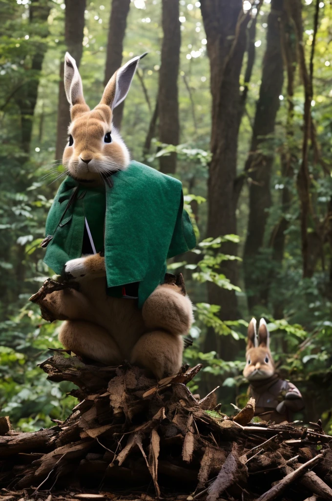 an anthropomorphic rabbit dressed as Robin Hood hiding under a root as a giant alien passes by in the forest, masterpiece, best, photo realistic